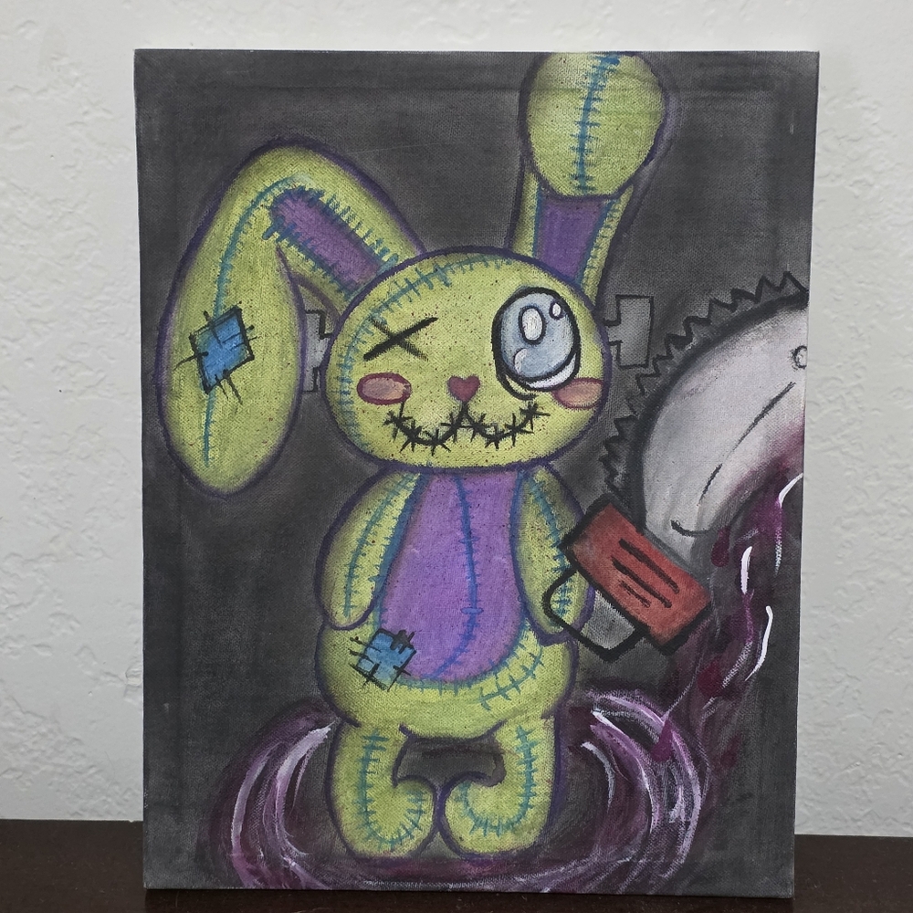 Stitch Bunny – Original Hand-Painted Mixed Media Horror Cute Character Canvas
